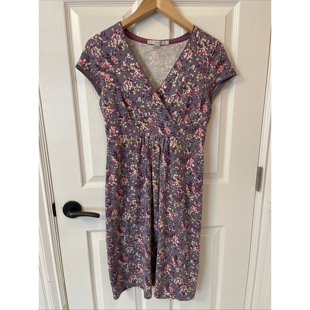 Boden Women's 4R Floral Purple Faux Wrap Cotton Day Dress Stretch Cap Sleeves